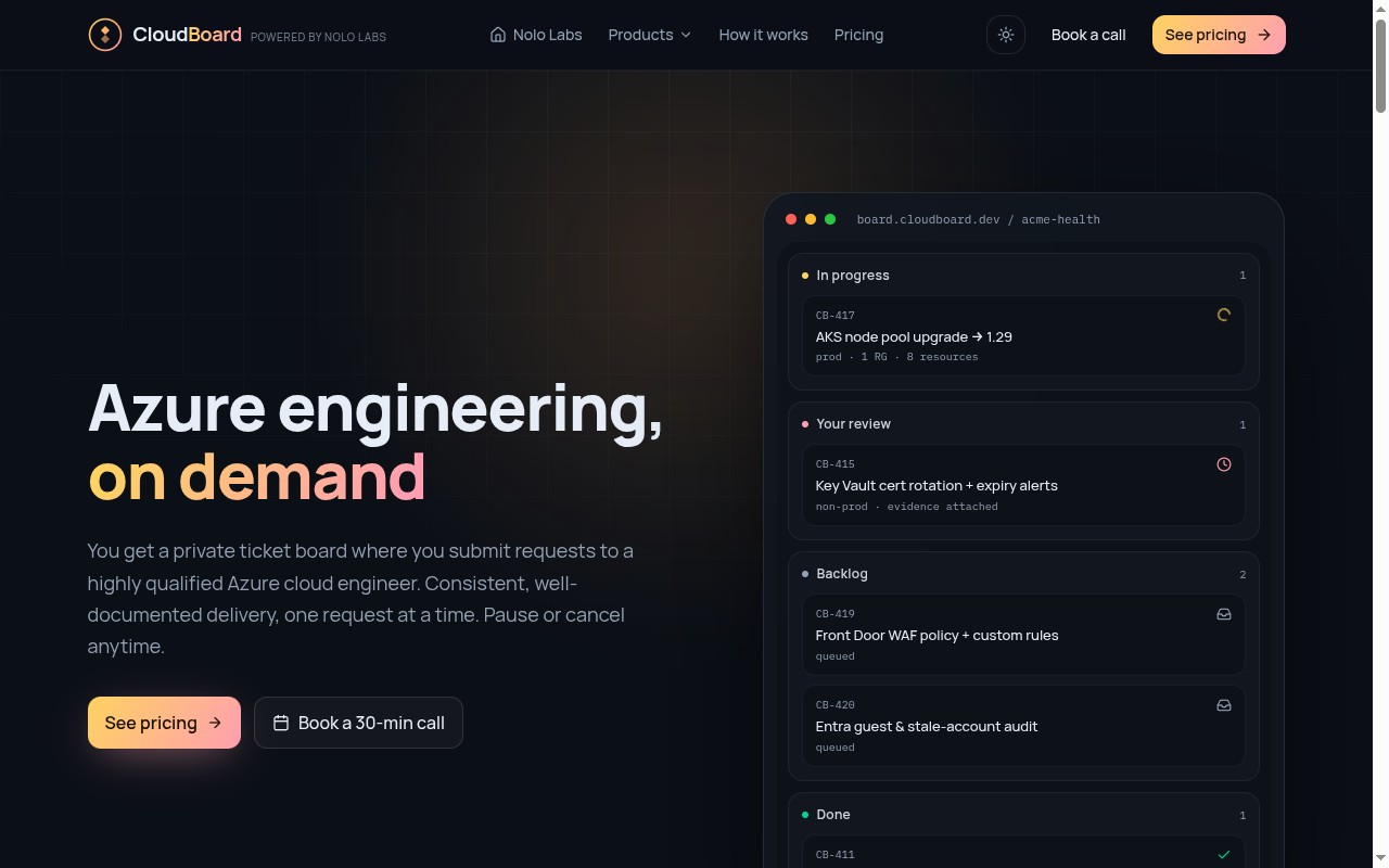 CloudBoard Azure managed services website designed by Sky-Eagle Designs